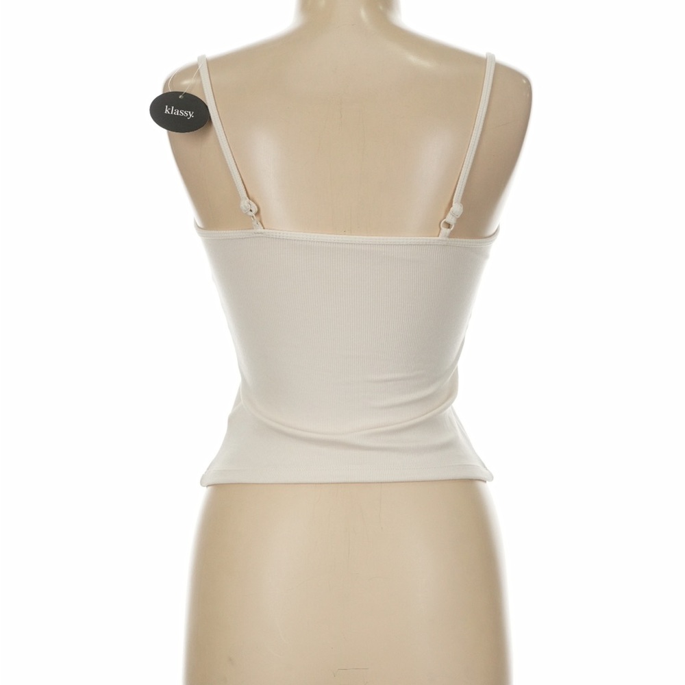 Klassy Network Cream Ribbed Crop Cami with Spaghetti Straps - Picture 2 of 2